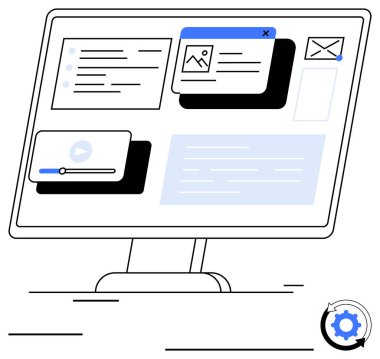 Bilgisayar monitörü ortam oynatıcısını, e- posta kutusunu, resim önizlemesini, görev listesini ve metin düzenleyicisini gösterir. Teknoloji, tasarım, verimlilik iletişimi yenilik arayüzü işbirliği için idealdir. Düz