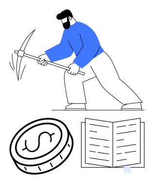 Kazmayla saldıran adam, dolar işaretli büyük para, açık kitap. Çalışma, ekonomi, eğitim, büyüme, finans, strateji planlama için ideal