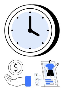 Zamanı temsil eden saat, tasarrufu sembolize eden madeni para ve fitness izleme ve gol ayarını belirten bir kişi ile akıllı telefon. Üretim, finans, sağlık, görev yönetimi ve zaman için ideal