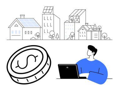 Toplum ortamında güneş enerjili evler. Bozuk paranın yanında dizüstü bilgisayarda çalışan biri. Sürdürülebilirlik, enerji çözümleri, uzaktan çalışma, finans, teknoloji, kentsel kalkınma için ideal, basit iniş