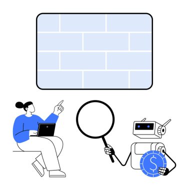 Robot asistanı büyüteçle sikkeyi incelerken dizüstü bilgisayarla duvara bakan kişi. Takım çalışması, yapay zeka analizi, yenilik, problem çözme, araştırma için ideal