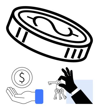 Dolar parası, dolar sembolü ve el değiştirme anahtarı. Finans, yatırım, bankacılık, emlak kiralama, alım satım, iş anlaşması için ideal