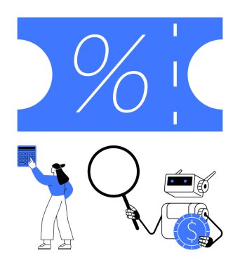 Yüzdelik işaretli kupon indirimleri simgeler, kadın hesap makinesi kullanır, robot bozuk para ve büyüteç tutar. Finans, tasarruf, otomasyon, e-ticaret, indirimler, bütçe