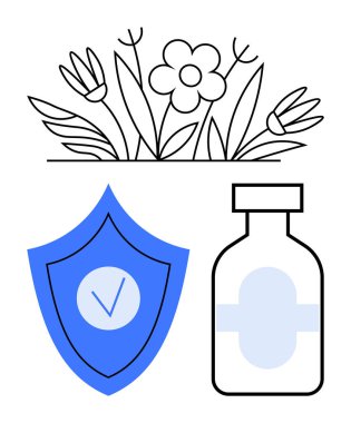 Kalkanın üstündeki çiçek ve ilaç şişesi sağlık, koruma ve doğal sağlığı sembolize ediyor. Sağlık, ilaç, önleme, güven, doğa odaklı çözümler, dokunulmazlık sade iniş için ideal