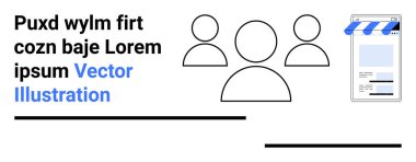 Mağaza önü grafik, mavi tente ve metin bloklarına bitişik üç ana hatlı kullanıcı. E-ticaret, takım çalışması, kullanıcı bağlantısı, pazarlama, ağ, perakende sade iniş sayfası için ideal