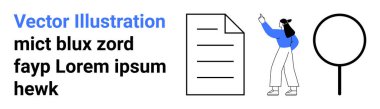 Belgeye işaret eden kadın figürü, büyük büyüteç. Araştırma, eğitim, dokümantasyon, düzeltme, sunum, analiz, basit iniş sayfası için ideal