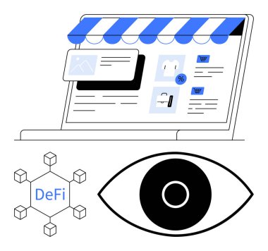 E- ticaret unsurlarını gösteren dizüstü bilgisayar ekranı ürün listelerini ve indirimleri, dağıtılmış finans ağını ve görünürlük ve şeffaflık için göz sembolünü onaylıyor. Fintech ve e-ticaret için ideal