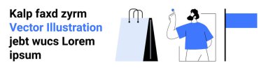 Bir düğme tutan minimalist bir adam, iki alışveriş çantası ve ayakta duran mavi bir bayrak. Perakende, e-ticaret, satış promosyonu, kişiselleştirme, markalaşma, yaratıcılık için ideal dijital platformlar ve basit