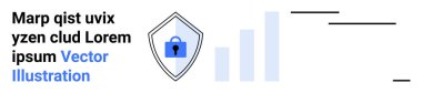 Merkezi asma kilide sahip kalkan, yükselen çubuk grafiği ve soyut metin siber güvenlik, analitik ve bilgi yönetimini vurguluyor. Güvenlik, gizlilik, veri koruması ve teknoloji için ideal