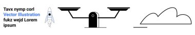 Roket kalkıyor, klasik denge ölçeği ve bulut çizimi. Başlangıç için ideal, yenilik, denge, istikrar, teknoloji, minimalizm basit iniş sayfası