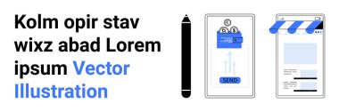 Para transfer arayüzü, stilus kalem ve e-ticaret web sayfası olan akıllı telefon. Ödeme güvenliği, fintech, e-ticaret, işlemler, online alışveriş, dijital pazarlama sade iniş sayfası için ideal