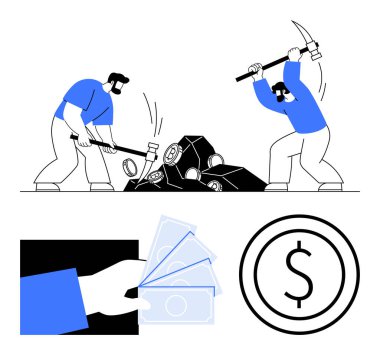 İşçiler kömür bloklarını kırmak için aletler, el değiştiren para ve büyük paralar kullanıyorlar. Ekonomi, madencilik, enerji, iş gücü, finans, yatırım için ideal
