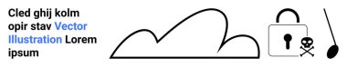Bulut silueti, asma kilit, kafatası ve kötü amaçlı yazılım elementinin yanında siber güvenlik ve bulut güvenliğini vurguluyor. Teknoloji, veri koruması, çevrimiçi güvenlik, riskler, depolama gizliliği ve uyarılar için ideal