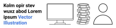 Bilgisayar monitörü, bozuk para yığını ve finans, teknoloji, dijital ekonomi, e-ticaret, kullanıcı arayüzü, başlangıç, basit iniş sayfası öneren kullanıcı simgesi