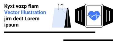 Bir alışveriş çantasının yanında kalp atışı ikonu sergiliyor, sağlık, zindelik ve tüketici yaşam tarzını temsil ediyor. E-ticaret, fitness, teknoloji, alışveriş, mobil uygulamalar için idealdir.