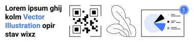 QR kodu, soyut bitki ve dolar ikonlu pasta grafiği. İş, teknoloji, finans, analitik, modern tasarım, pazarlama kavramları için ideal basit iniş sayfası
