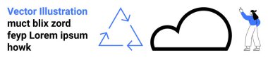 Bulut simgesini geri dönüşüm üçgeni ve yer tutucu metin elemanları ile gösteren kişi. Sürdürülebilirlik, bulut hesaplama, çevre, yenilik, eğitim, iş akışı için ideal, basit iniş sayfası