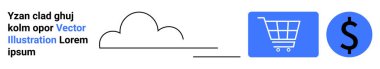Bağlantıyı gösteren çizgiler, mavi alışveriş arabası ikonu ve mavi dolar sembolü olan bulut çizgisi. E-ticaret, online alışveriş, bulut teknolojisi, ödeme sistemleri, fintech, perakende sade