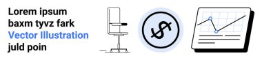 Ofis sandalyesi, rozetli dolar işareti ve yükselen tablolar. İş için ideal, finansal büyüme, analiz, üretkenlik, işyeri organizasyonu, girişimcilik basit iniş sayfası