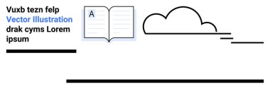 A harfi ile açık bir kitap, soyut bulut şekli, minimum metin elemanları, ve temiz siyah çizgiler. Eğitim, yaratıcılık, basitlik, hikaye anlatma, minimalizm bilgisi için ideal basit iniş sayfası