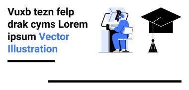 Kulaklıklı bir öğrenci bilgisayar monitörüyle masada yazıyor. Havan topu mezuniyet şapkasının yanında. Eğitim, öğrenim, başarı, başarı, kariyer, akademik büyüme, basit iniş için ideal