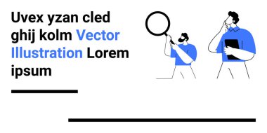 Birinde büyüteç, diğerinde tabletle düşünen iki kişi fikri analiz ediyor. Veri analizi, beyin fırtınası, araştırma, yenilik, takım çalışması, eğitim, basit iniş için ideal