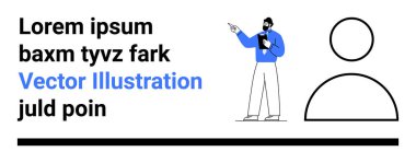 Mavi gömlekli adam, belge, soyut metin ve kullanıcı profili çizimi sunuyor. İş, strateji, eğitim, pazarlama, iletişim, profil kurulumu için ideal