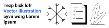 Kar tanesi, işaretli kontrol listesi ve soyut yaprak. Kış temaları, organizasyon, çevre dostu kavramlar, minimalizm, web tasarımı, eğitim materyali sade iniş sayfası için ideal
