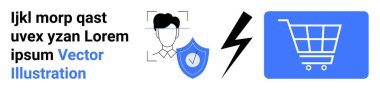 Odak kareli yüz tanıma sistemi, işaretli güvenlik kalkanı, yıldırım sembolü ve alışveriş arabası ikonu. Teknoloji, siber güvenlik, e-ticaret, perakende, yenilik için ideal online alışveriş