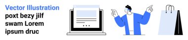 Bilgisayarda bir web sayfası, hareketli bir kişi ve bir alışveriş çantası var. E-ticaret, çevrimiçi mağazalar, dijital pazarlama, perakende satış, promosyonlar, web sitesi başlıkları ve basit iniş sayfaları için ideal