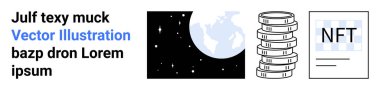 Uzayda dünya, madeni para yığınları ve engelleme zinciri, kripto para birimi ve dijital varlıkları gösteren NFT belgeleri. Finans, engelleme zinciri, kripto para birimi, yatırım yenilikçiliği için idealdir basit