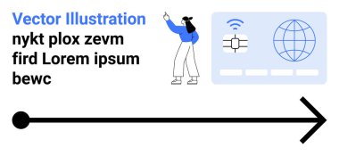 Küresel bağlantı, kablosuz ve çip sembolü olan bir teknoloji kartına doğru hareket eden bir kadın. Kalın ok geleceği, büyümeyi ya da navigasyonu vurgular. Teknoloji, yenilik, bağlantı uygulamaları için ideal