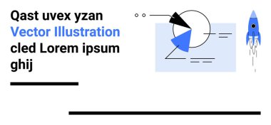Geometrik şekiller, pasta grafiği, modern roket ve yer tutucu metin dinamik bir düzen oluşturur. Teknoloji, yenilik, büyüme, analiz, veri görselleştirme stratejisi için ideal basit bir iniş sayfası