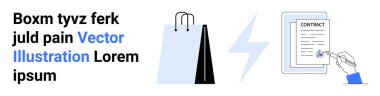 Alışveriş çantaları, yıldırımlar ve el imzaları alışverişi, hızlı hizmeti, anlaşmaları, e-ticareti, perakendeciyi, iş anlaşmalarını ve basit bir iniş sayfasını temsil ediyor.