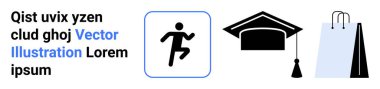 Koşan kişi sembolü, mezuniyet şapkası ve alışveriş çantası ilerleme, eğitim, başarı, perakende satış, yaşam tarzı, kişisel büyüme ve basit iniş sayfası