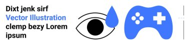 Mavi oyun kumandasının yanında siyah göz ve yırtık. Duygular için ideal, oyun, vizyon, eğlence, dijital tasarım, yaratıcılık için basit iniş sayfası. Çizgi benzetmesi. Basit satır simgeleri