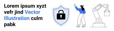 Metin engelleme, kilit sembollü kalkan, kadın işaret etme, endüstriyel robotik kol kaldırma. Siber güvenlik, teknoloji, yenilik, yapay zeka, otomasyon yaratıcılığı için ideal basit iniş