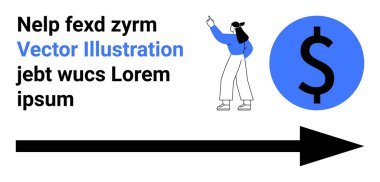 Kadın ayakta duruyor ve bir dolar simgesini işaret ediyor. Finans, büyüme ve hedef başarısını temsil ediyor. Kalın ok yön ve ilerlemeyi vurgular. İş için ideal, pazarlama, finans, hedefler