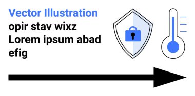 Kilit, termometre ve yön oku ile kalkan güvenlik, sıcaklık ve rehberliği temsil eder. Siber güvenlik, navigasyon, veri koruması, güvenlik analitiği düz iniş için ideal