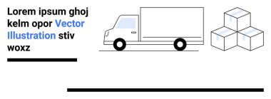 Ulaşım, lojistik ve e-ticareti vurgulayan üç kutunun yanına park edilmiş beyaz teslimat kamyonu. Nakliye, teslimat, depolama, işletme, lojistik, tedarik zinciri ve basit için ideal