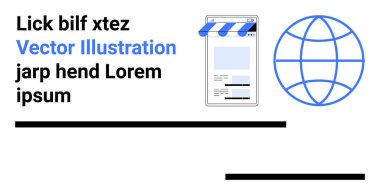 İnternet sayfasında tenteli ve küresel ikonu temsil eden dijital mağaza önü, küresel erişim, e-ticaret, internet erişimi, pazarlama, bağlantı. Web siteleri ve pazarlama kampanyaları için ideal