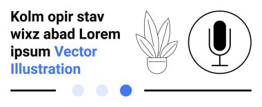 Bir mikrofon ikonu, saksı bitkisi, metin elemanları ve ilerleme göstergelerinin yer aldığı soyut bir düzen. Podcast, ses kaydı, teknoloji, bitkiler, modern tasarım ve düz iniş sayfası afişi için ideal
