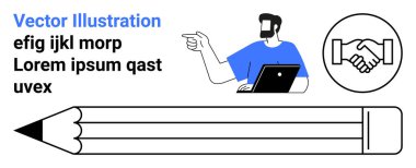 Dizüstü hareketleri güvenle kullanan bir adam, tokalaşma ikonu anlaşmayı temsil ediyor, büyük kalem yaratıcılığı işaret ediyor. Takım çalışması, ortaklık, profesyonellik, yaratıcılık, eğitim, iş dairesi için ideal