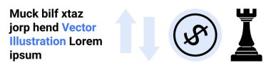 Çift yönlü okları ve satranç kalesi olan bir çemberin içinde dolar işareti. Finans, takas, strateji, planlama, yatırım, rekabet, basit iniş sayfası için ideal