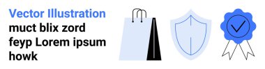 Alışveriş torbası, kalkan ve rozet e-ticareti, çevrimiçi alışverişi, güveni, kaliteyi, güvenliği müşteri memnuniyetini ve güvenceyi simgeliyor. Pazarlama ve basit iniş sayfası için ideal