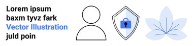 Minimalist kullanıcı profili simgesi, kilitli güvenli kalkan ve çiçekli motif temalar kimlik, güvenlik, doğa, tasarım, eğitim, pazarlama sağlığını parmakla birbirine bağlıyor. Düz iniş sayfası için ideal