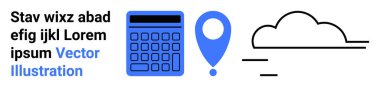 Hesap makinesi, mavi harita iğnesi, ve finans, navigasyon, bulut hesaplamayı temsil eden bulut çizgisi. Eğitim, teknoloji, iş, seyahat veri yönetimi için idealdir. Basit iniş sayfası