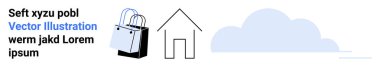 Alışveriş torbası, minimalist ev taslağı ve bulut elementi perakende satış, ev hizmetleri, online alışveriş ve emlak fikirleri taşıyor. E-ticaret, dağıtım, teknoloji ve ev geliştirme için ideal