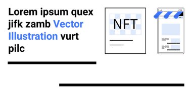 Metni, dijital sanatı ve vitrini ekranda olan NFT grafikleri. Engelleme zinciri, kripto para birimi, e-ticaret, yaratıcılık, dijital varlıklar, teknoloji sade iniş sayfası için ideal