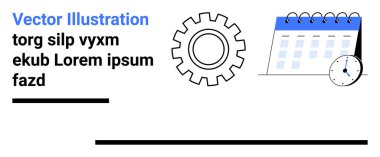 Vites sembolü, mavi başlıklı takvim ve analog saat takım çalışması, takvim, üretkenlik ve iş akışını iletir. İş araçları, teslim tarihleri, verimlilik planlama takım yönetimi için ideal basit